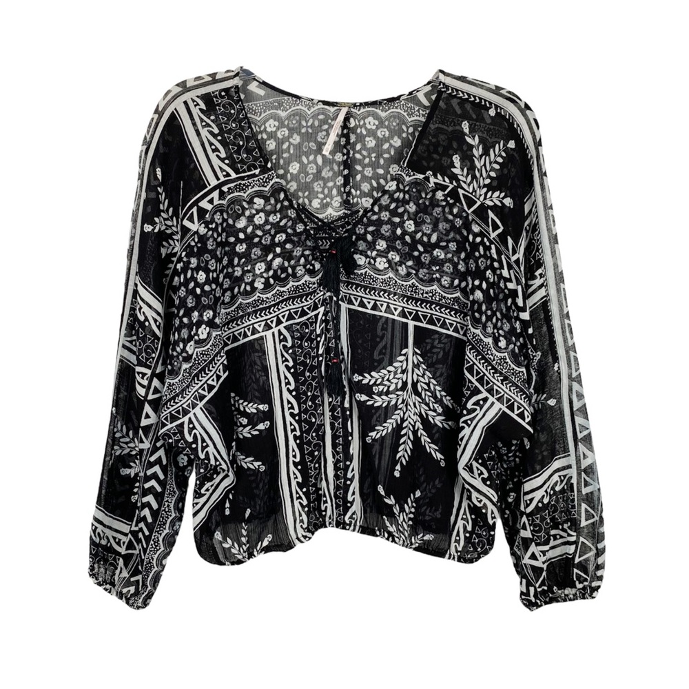 Free People | Yo Yo Geo Boho Black & White Peasant Top X-Small
